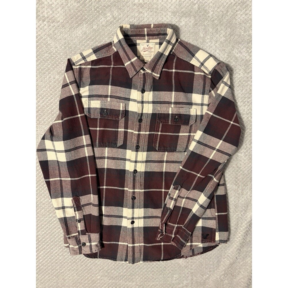 American Eagle Heritage Flannel Men’s Large Plaid Burgundy Cream Cotton